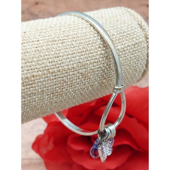 Signed SU CZ CH Sterling Silver Cuff Bracelet Dangle Charm Purple Butterfly - Picture 5 of 10